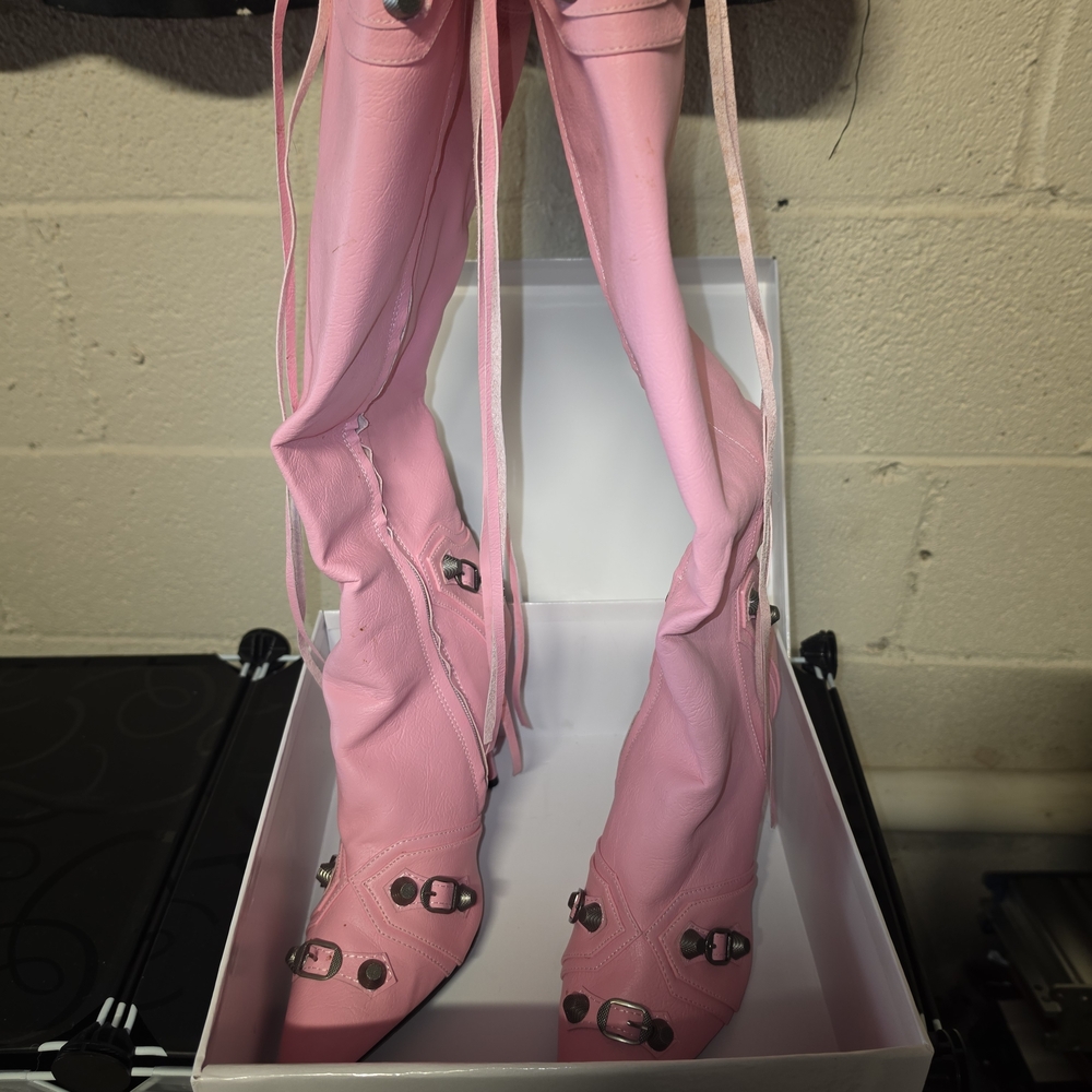 Women's Pink Knee-High Buckle Boots